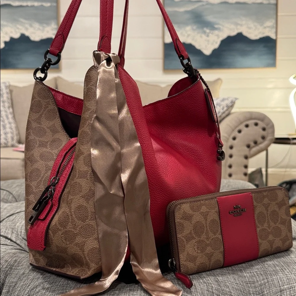 Coach Bag Dalton 31 Red Leather Signature Logo Shoulder Bag Wallet Set - Picture 13 of 17
